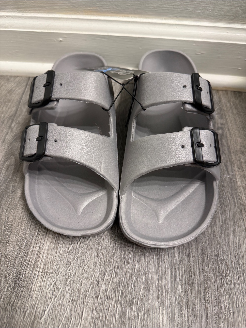 Light Gray Double Buckle Slide Sandals - unisex medium 7/8